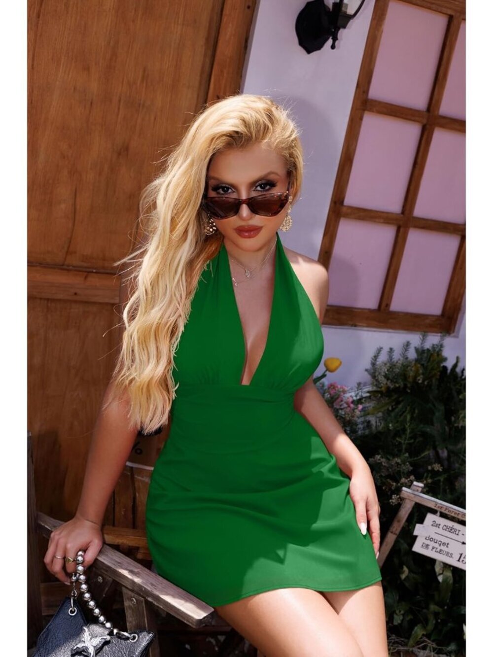 〽️Women's Green Halter Deep V Neck Flowy Chiffon Bow Tie Backless Mini Dress